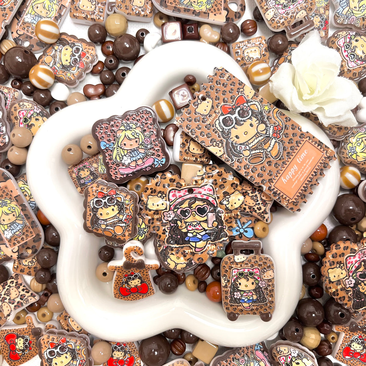 ♥【9.18新作】♥A1331 ヒョウ柄をまとったワイルドガール ストラップ用浮き彫りアクリルビーズミックス