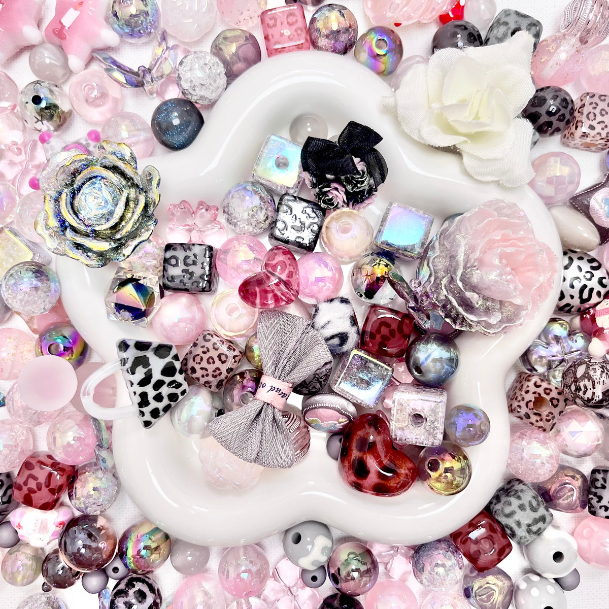 ♥【9.19新作10%OFF】♥A1336 おめかしピンクレオパード ストラップ用アクリルビーズ樹脂ビーズミックス