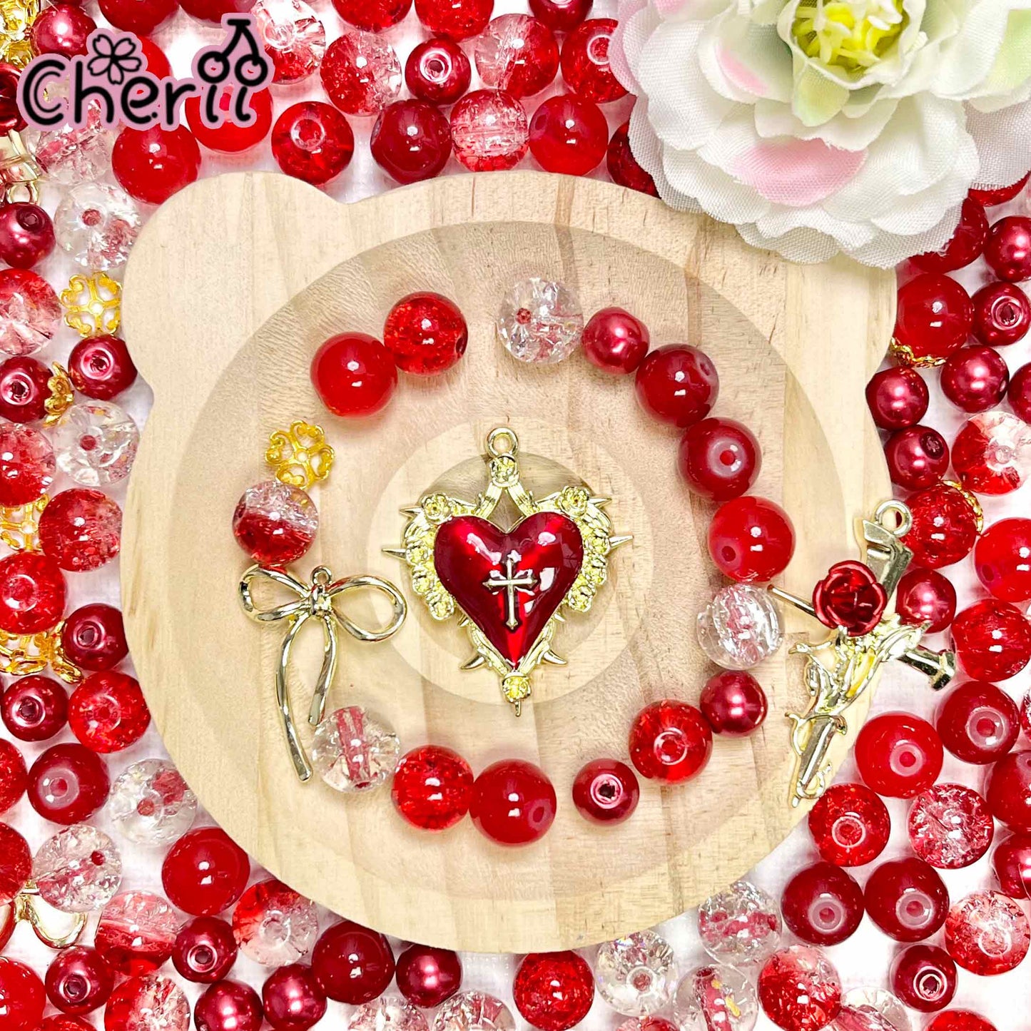 ♥【1.13新作】♥A0823 心臓に咲く薔薇 ブレスレット用ミックス高級ガラスビーズ8種類くらいパーツ4種類