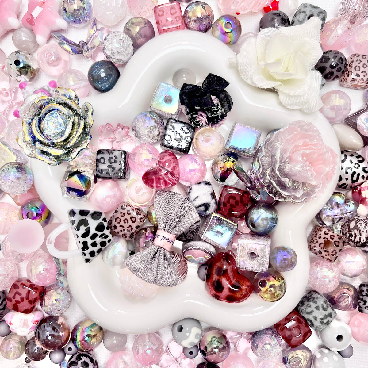 ♥【9.19新作10%OFF】♥A1336 おめかしピンクレオパード ストラップ用アクリルビーズ樹脂ビーズミックス