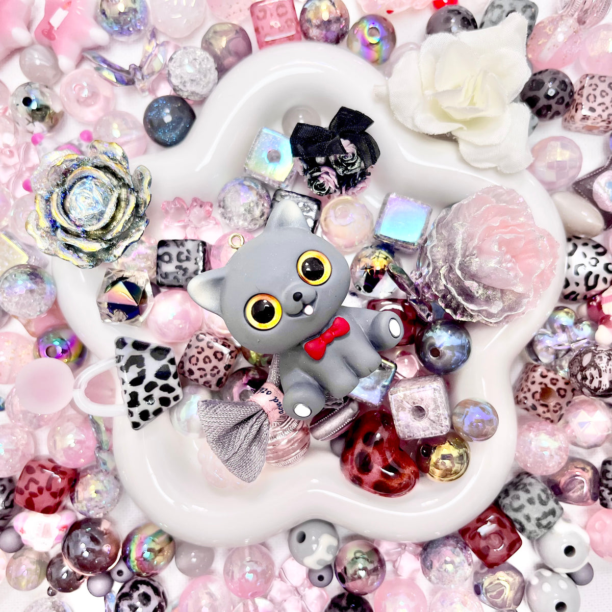 ♥【9.19新作10%OFF】♥A1336 おめかしピンクレオパード ストラップ用アクリルビーズ樹脂ビーズミックス